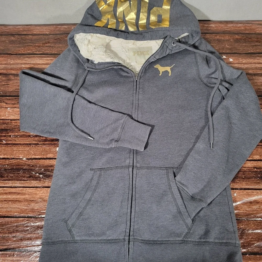 Pink Victoria Secret Hoodie Gray Faux Fur Lined Gold Logo Zip Up XS